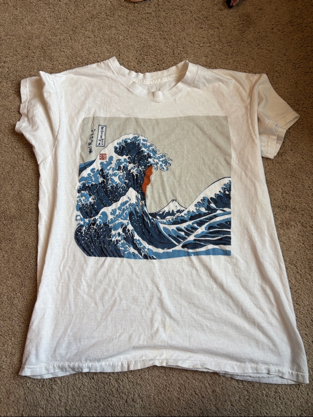 Vintage White Graphic Tee with Blue Wave Print